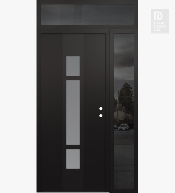 Modern Steel Front Door DIAMOND A9 48" X 96" BLACK/WHITE FROSTED GLASS PANEL BLACK LHI WITH SIDELITE AND TRANSOM MIRRORED GLASS
