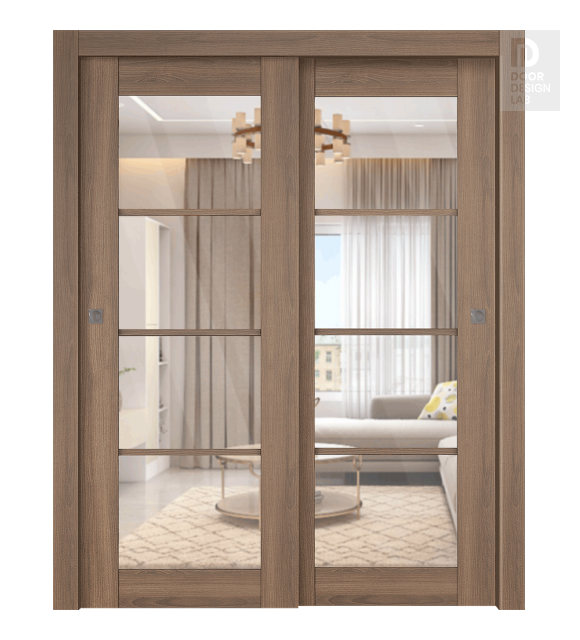 Avon 4 Lite Clear Vetro Pecan Nutwood Modern Interior Bypass Doors by Belldinni