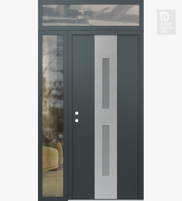 Modern Steel Front Door DIAMOND A6 48" X 96" ANTHRACITE/ANTHRACITE FROSTED GLASS PANEL STAINLESS STEEL RHI WITH SIDELITE AND TRANSOM CLEAR GLASS