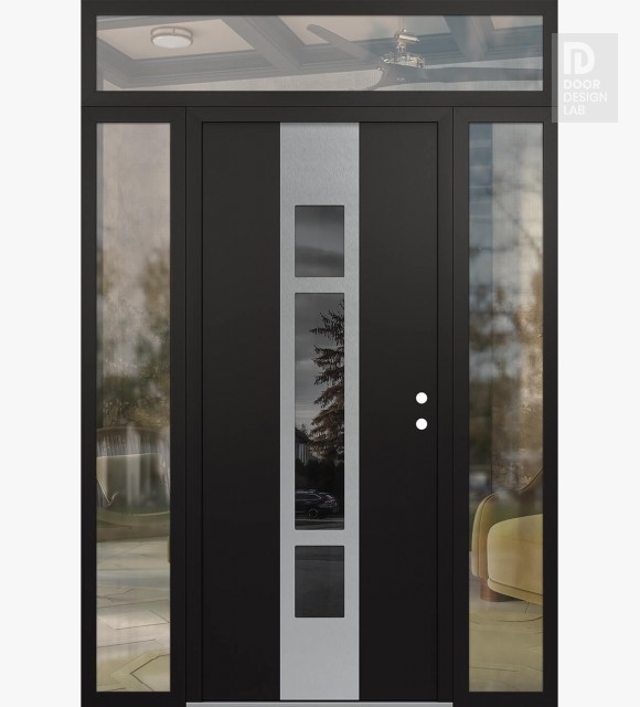 Modern Steel Front Door DIAMOND A9 64" X 96" BLACK/BLACK MIRRORED GLASS PANEL STAINLESS STEEL LHI WITH 2 SIDELITES AND TRANSOM CLEAR GLASS