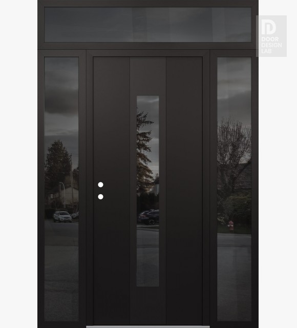 Modern Steel Front Door DIAMOND A1 68" X 96" BLACK/BLACK MIRRORED GLASS PANEL BLACK RHI WITH 2 SIDELITES AND TRANSOM MIRRORED GLASS