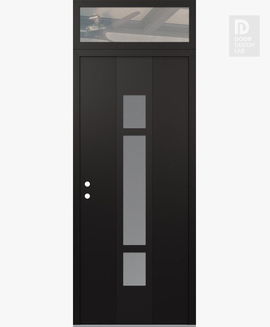 Modern Steel Front Door DIAMOND A9 36" X 96" BLACK/WHITE FROSTED GLASS PANEL BLACK RHI WITH TRANSOM CLEAR GLASS
