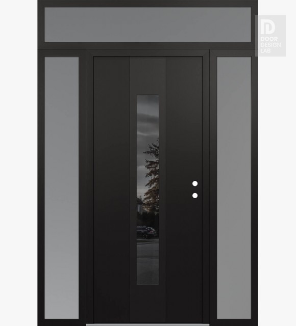 Modern Steel Front Door DIAMOND A1 60" X 96" BLACK/BLACK MIRRORED GLASS PANEL BLACK LHI WITH 2 SIDELITES AND TRANSOM FROSTED GLASS