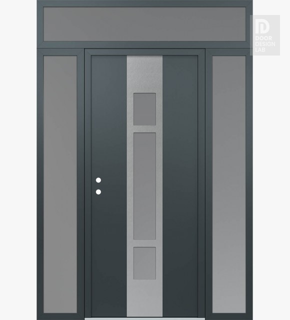 Modern Steel Front Door DIAMOND A9 68" X 96" ANTHRACITE/ANTHRACITE FROSTED GLASS PANEL STAINLESS STEEL RHI WITH 2 SIDELITES AND TRANSOM FROSTED GLASS