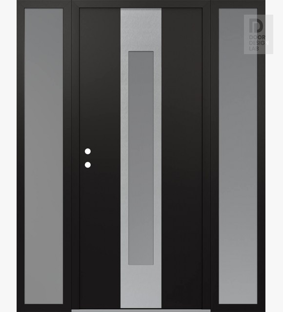 Modern Steel Front Door DIAMOND A1 64" X 80" BLACK/WHITE FROSTED GLASS PANEL STAINLESS STEEL RHI WITH 2 SIDELITES FROSTED GLASS