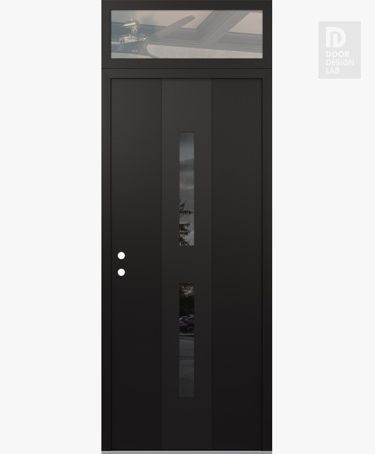 Modern Steel Front Door DIAMOND A6 36" X 96" BLACK/BLACK MIRRORED GLASS PANEL BLACK RHI WITH TRANSOM CLEAR GLASS