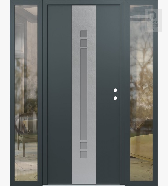 Modern Steel Front Door DIAMOND A4 68" X 80" ANTHRACITE/ANTHRACITE FROSTED GLASS PANEL STAINLESS STEEL LHI WITH 2 SIDELITES CLEAR GLASS