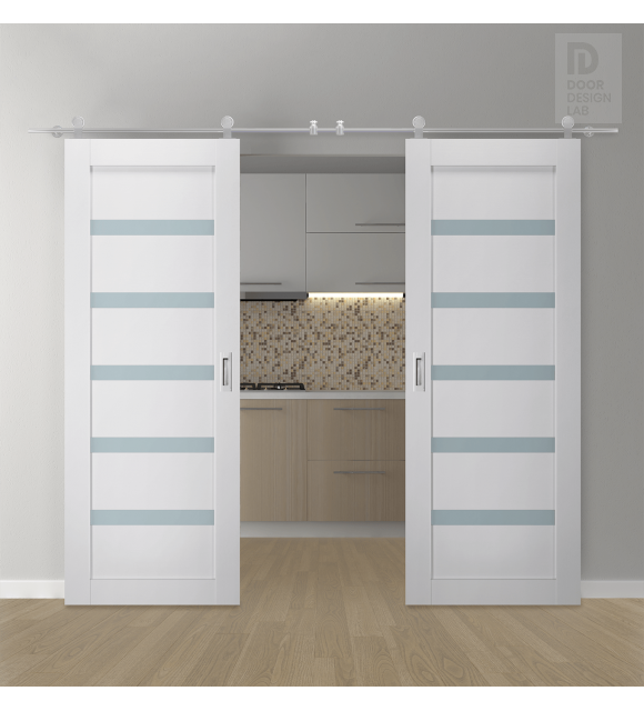 DOUBLE BARN DOOR LEORA VETRO BIANCO NOBLE 36" X 84" X 1 9/16" STAINLESS STEEL HARDWARE