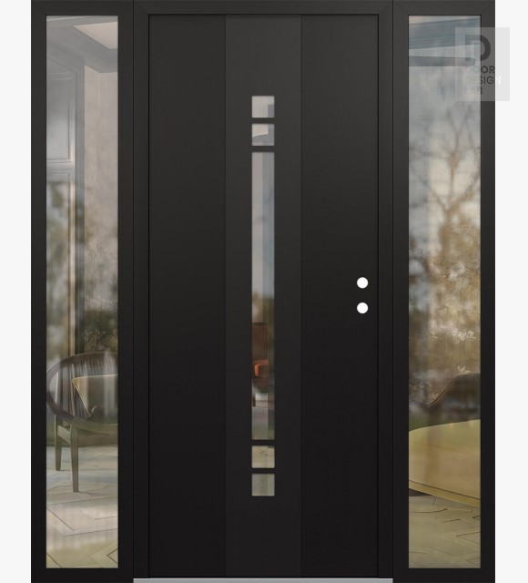 Modern Steel Front Door DIAMOND A4 60" X 80" BLACK/BLACK CLEAR GLASS PANEL BLACK LHI WITH 2 SIDELITES CLEAR GLASS