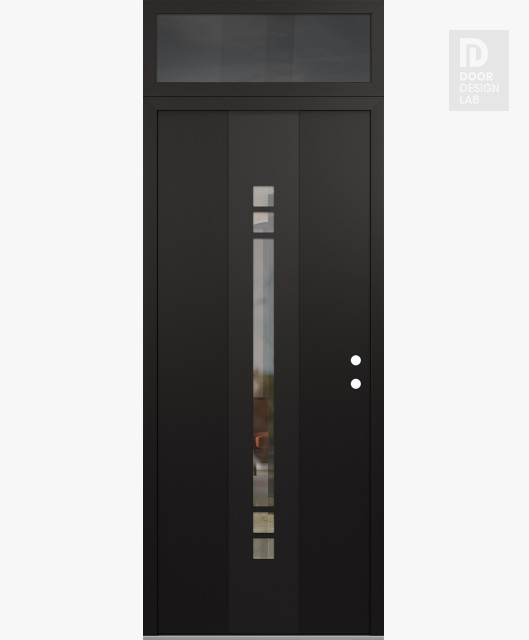 Modern Steel Front Door DIAMOND A4 36" X 96" BLACK/BLACK CLEAR GLASS PANEL BLACK LHI WITH TRANSOM MIRRORED GLASS