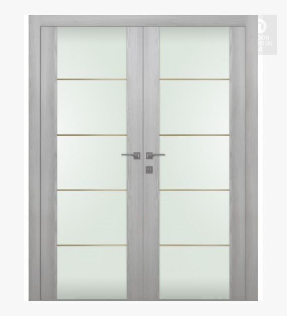 Avon 202 4H Gold Strips Vetro Ribeira Ash Modern Interior Double Swing Doors by Belldinni