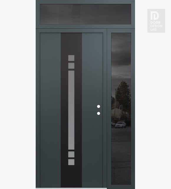 Modern Steel Front Door DIAMOND A4 48" X 96" ANTHRACITE/ANTHRACITE FROSTED GLASS PANEL BLACK LHI WITH SIDELITE AND TRANSOM MIRRORED GLASS