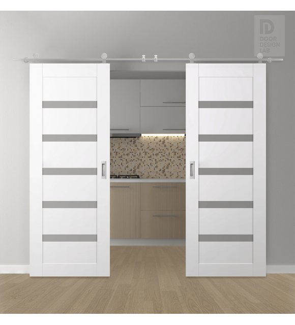 DOUBLE BARN DOOR LEORA VETRO SNOW WHITE 56" X 84" X 1 3/4" STAINLESS STEEL HARDWARE