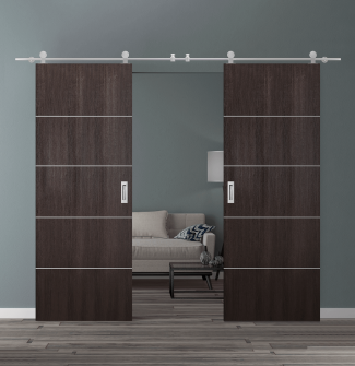 DOUBLE BARN DOOR OPTIMA 4H VERALINGA OAK 36" X 80" X 1 3/4" SOLID CORE STAINLESS STEEL HARDWARE