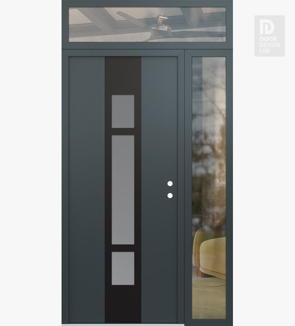 Modern Steel Front Door DIAMOND A9 52" X 96" ANTHRACITE/ANTHRACITE FROSTED GLASS PANEL BLACK LHI WITH SIDELITE AND TRANSOM CLEAR GLASS