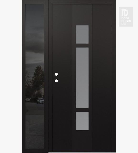 Modern Steel Front Door DIAMOND A9 48" X 80" BLACK/WHITE FROSTED GLASS PANEL BLACK RHI WITH SIDELITE MIRRORED GLASS