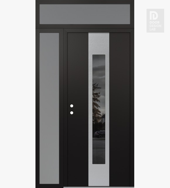 Modern Steel Front Door DIAMOND A1 52" X 96" BLACK/BLACK MIRRORED GLASS PANEL STAINLESS STEEL RHI WITH SIDELITE AND TRANSOM FROSTED GLASS