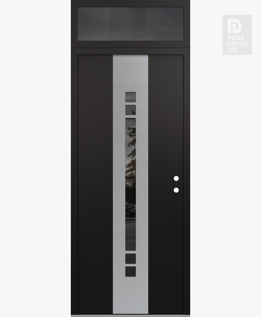 Modern Steel Front Door DIAMOND A4 36" X 96" BLACK/BLACK MIRRORED GLASS PANEL STAINLESS STEEL LHI WITH TRANSOM MIRRORED GLASS
