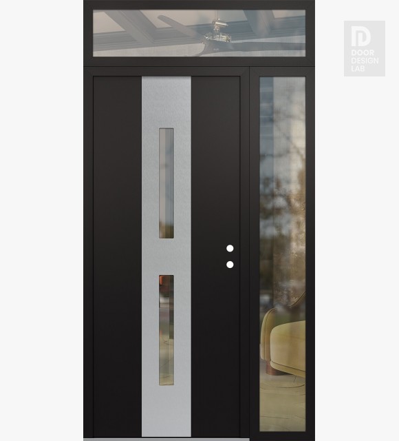 Modern Steel Front Door DIAMOND A6 48" X 96" BLACK/BLACK CLEAR GLASS PANEL STAINLESS STEEL LHI WITH SIDELITE AND TRANSOM CLEAR GLASS