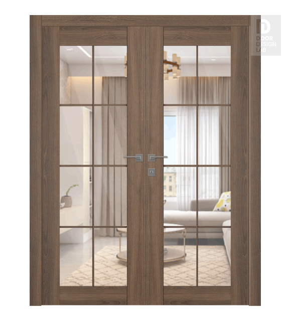 Avon 8 Lite Clear Vetro Pecan Nutwood Modern Interior Double Swing Doors by Belldinni