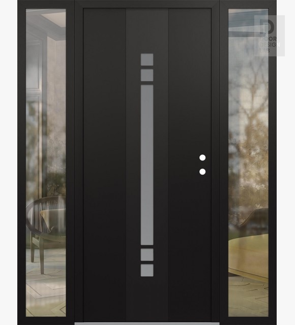 Modern Steel Front Door DIAMOND A4 68" X 80" BLACK/WHITE FROSTED GLASS PANEL BLACK LHI WITH 2 SIDELITES CLEAR GLASS