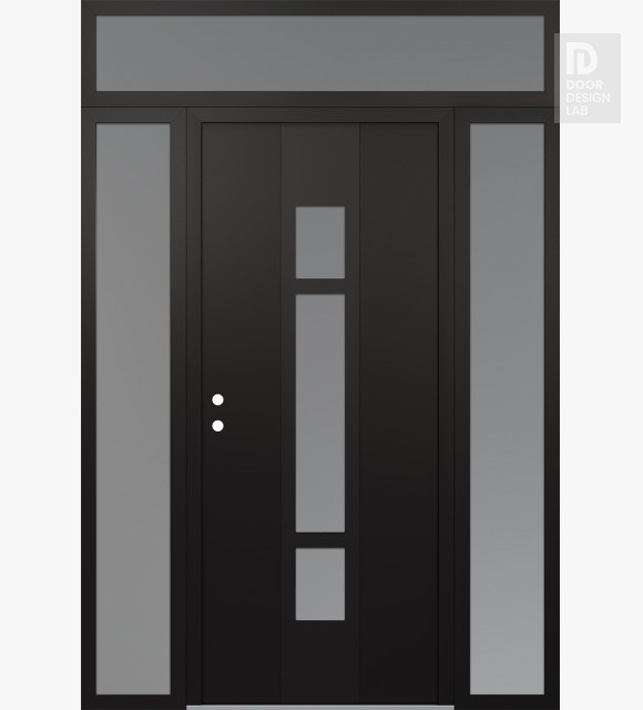 Modern Steel Front Door DIAMOND A9 68" X 96" BLACK/WHITE FROSTED GLASS PANEL BLACK RHI WITH 2 SIDELITES AND TRANSOM FROSTED GLASS