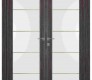 Palladio 202 4H Gold Strips Vetro Gray Oak Modern Interior Double Swing Doors by Belldinni