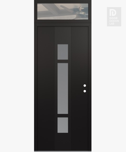 Modern Steel Front Door DIAMOND A9 36" X 96" BLACK/WHITE FROSTED GLASS PANEL BLACK LHI WITH TRANSOM CLEAR GLASS