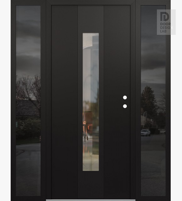 Modern Steel Front Door DIAMOND A1 60" X 80" BLACK/BLACK CLEAR GLASS PANEL BLACK LHI WITH 2 SIDELITES MIRRORED GLASS