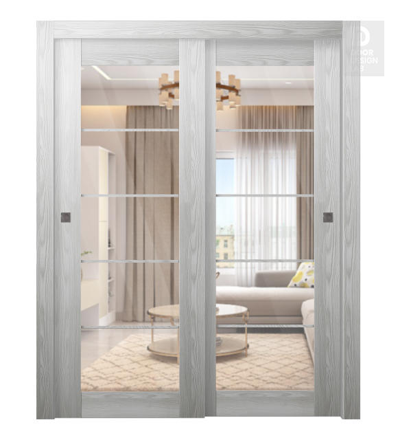 Avon 5 Lite Clear Vetro Ribeira Ash Modern Interior Bypass Doors by Belldinni