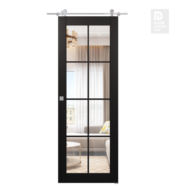 Avon 8 Lite Clear Vetro Black Matte Modern Interior Barn Door by Belldinni