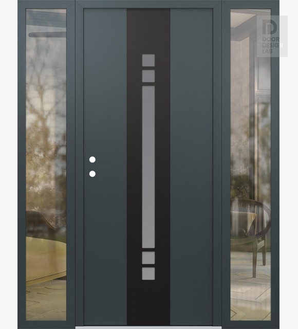 Modern Steel Front Door DIAMOND A4 64" X 80" ANTHRACITE/ANTHRACITE FROSTED GLASS PANEL BLACK RHI WITH 2 SIDELITES CLEAR GLASS