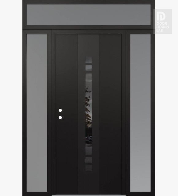 Modern Steel Front Door DIAMOND A4 60" X 96" BLACK/BLACK MIRRORED GLASS PANEL BLACK RHI WITH 2 SIDELITES AND TRANSOM FROSTED GLASS