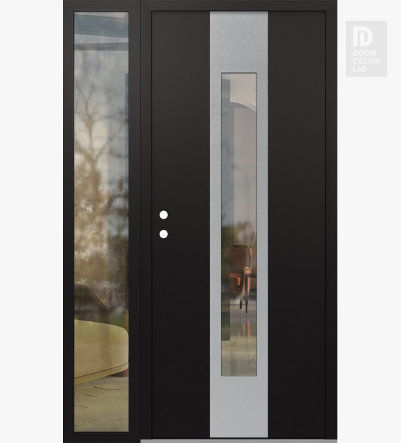Modern Steel Front Door DIAMOND A1 48" X 80" BLACK/BLACK CLEAR GLASS PANEL STAINLESS STEEL RHI WITH SIDELITE CLEAR GLASS