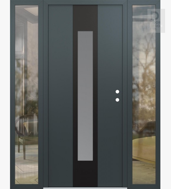 Modern Steel Front Door DIAMOND A1 64" X 80" ANTHRACITE/ANTHRACITE FROSTED GLASS PANEL BLACK LHI WITH 2 SIDELITES CLEAR GLASS