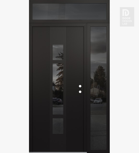 Modern Steel Front Door DIAMOND A9 48" X 96" BLACK/BLACK MIRRORED GLASS PANEL BLACK LHI WITH SIDELITE AND TRANSOM MIRRORED GLASS