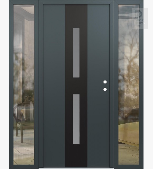 Modern Steel Front Door DIAMOND A6 64" X 80" ANTHRACITE/ANTHRACITE FROSTED GLASS PANEL BLACK LHI WITH 2 SIDELITES CLEAR GLASS