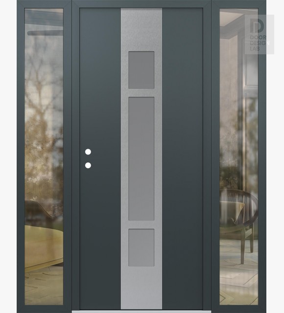 Modern Steel Front Door DIAMOND A9 60" X 80" ANTHRACITE/ANTHRACITE FROSTED GLASS PANEL STAINLESS STEEL RHI WITH 2 SIDELITES CLEAR GLASS
