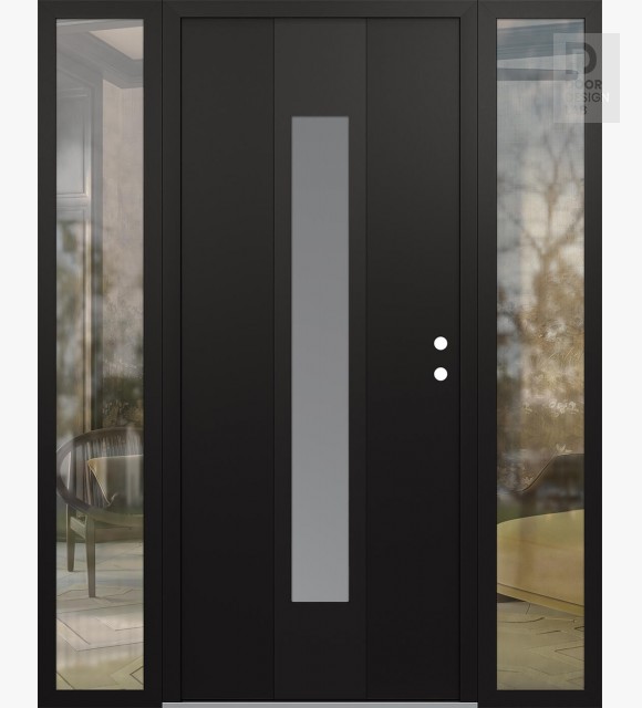 Modern Steel Front Door DIAMOND A1 64" X 80" BLACK/WHITE FROSTED GLASS PANEL BLACK LHI WITH 2 SIDELITES CLEAR GLASS