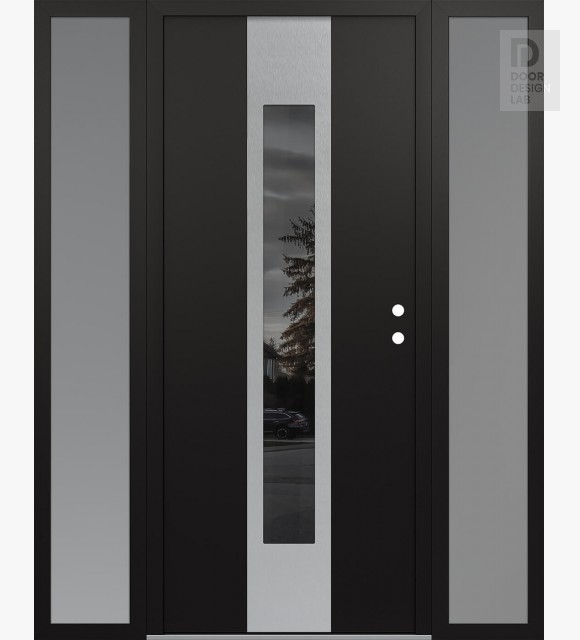 Modern Steel Front Door DIAMOND A1 60" X 80" BLACK/BLACK MIRRORED GLASS PANEL STAINLESS STEEL LHI WITH 2 SIDELITES FROSTED GLASS