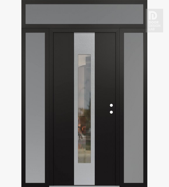 Modern Steel Front Door DIAMOND A1 60" X 96" BLACK/BLACK CLEAR GLASS PANEL STAINLESS STEEL LHI WITH 2 SIDELITES AND TRANSOM FROSTED GLASS