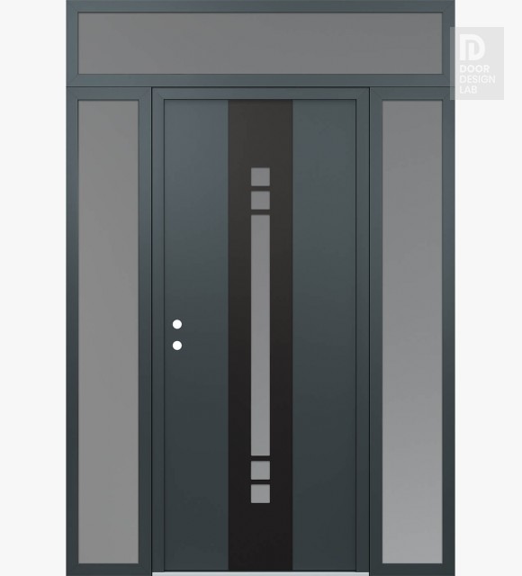 Modern Steel Front Door DIAMOND A4 68" X 96" ANTHRACITE/ANTHRACITE FROSTED GLASS PANEL BLACK RHI WITH 2 SIDELITES AND TRANSOM FROSTED GLASS