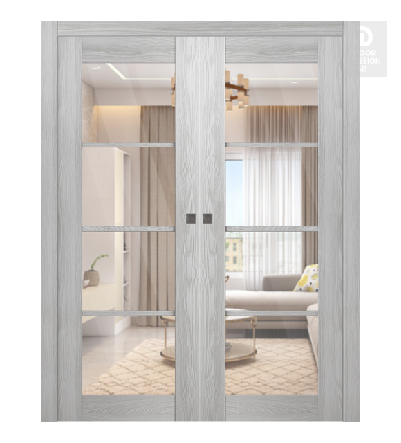 Avon 4 Lite Clear Vetro Ribeira Ash Modern Interior Double Pocket Doors by Belldinni