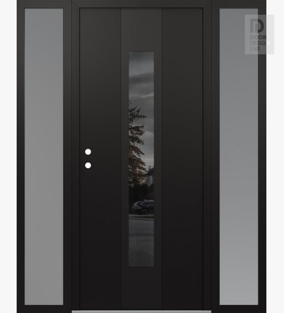Modern Steel Front Door DIAMOND A1 68" X 80" BLACK/BLACK MIRRORED GLASS PANEL BLACK RHI WITH 2 SIDELITES FROSTED GLASS