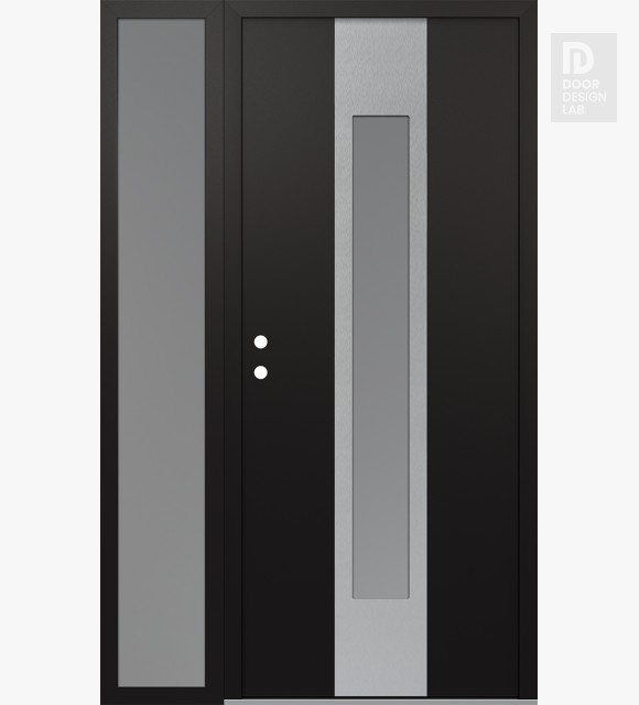 Modern Steel Front Door DIAMOND A1 52" X 80" BLACK/WHITE FROSTED GLASS PANEL STAINLESS STEEL RHI WITH SIDELITE FROSTED GLASS