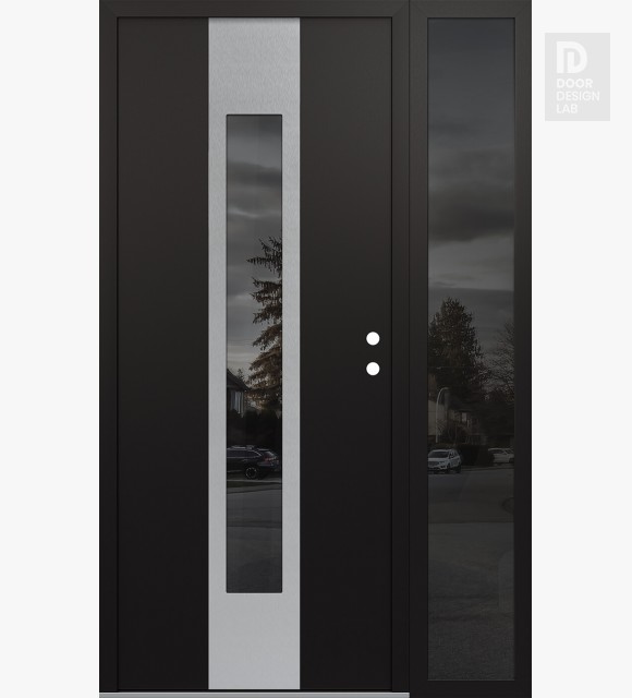Modern Steel Front Door DIAMOND A1 48" X 80" BLACK/BLACK MIRRORED GLASS PANEL STAINLESS STEEL LHI WITH SIDELITE MIRRORED GLASS