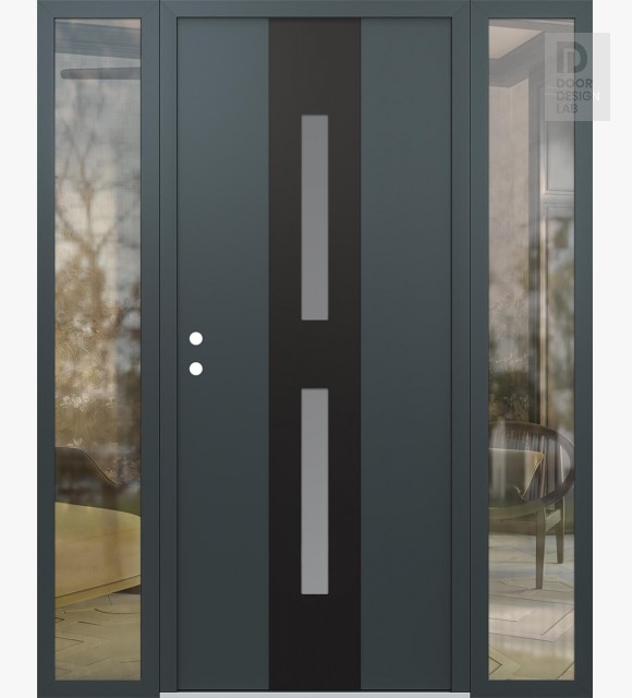 Modern Steel Front Door DIAMOND A6 60" X 80" ANTHRACITE/ANTHRACITE FROSTED GLASS PANEL BLACK RHI WITH 2 SIDELITES CLEAR GLASS