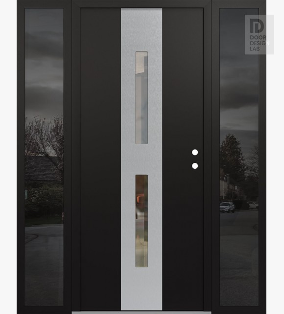 Modern Steel Front Door DIAMOND A6 68" X 80" BLACK/BLACK CLEAR GLASS PANEL STAINLESS STEEL LHI WITH 2 SIDELITES MIRRORED GLASS