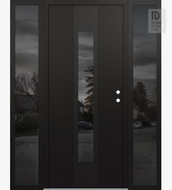 Modern Steel Front Door DIAMOND A1 68" X 80" BLACK/BLACK MIRRORED GLASS PANEL BLACK LHI WITH 2 SIDELITES MIRRORED GLASS