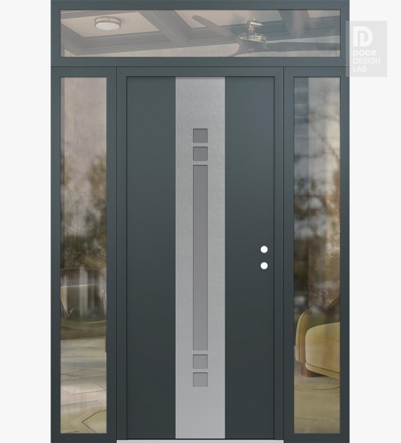 Modern Steel Front Door DIAMOND A4 64" X 96" ANTHRACITE/ANTHRACITE FROSTED GLASS PANEL STAINLESS STEEL LHI WITH 2 SIDELITES AND TRANSOM CLEAR GLASS